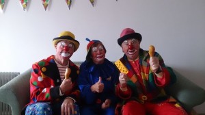 Clowns Bluey, Masjolie and Conk ready to leave from the Mother Theresa Apartment at Cetariu